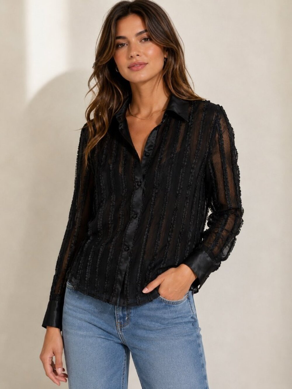 Sheer Black Button-Up Blouse With Satin Collar & Cuffs By JS Boutique Medium Mad